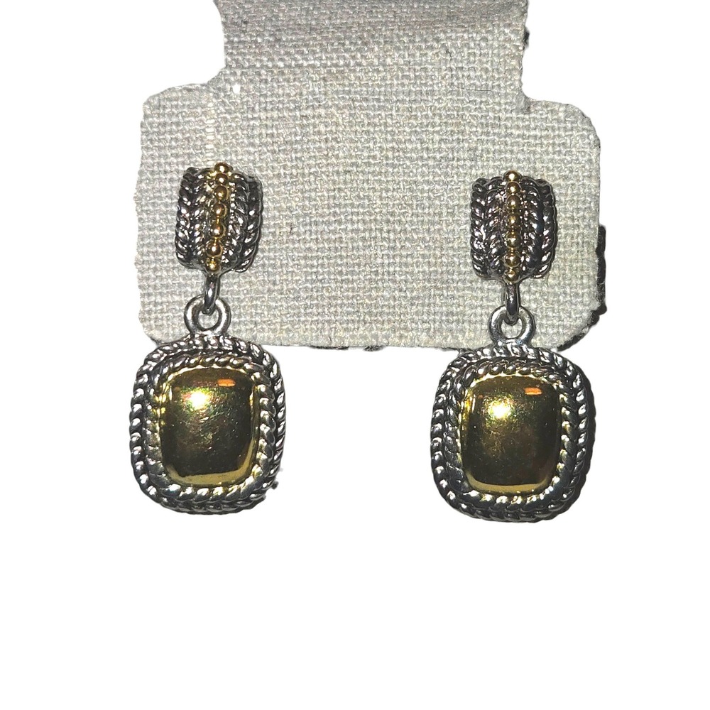 Napier Two Tone Silver Gold Textured Rope Border Rectangular Drop Earrings - Picture 2 of 6